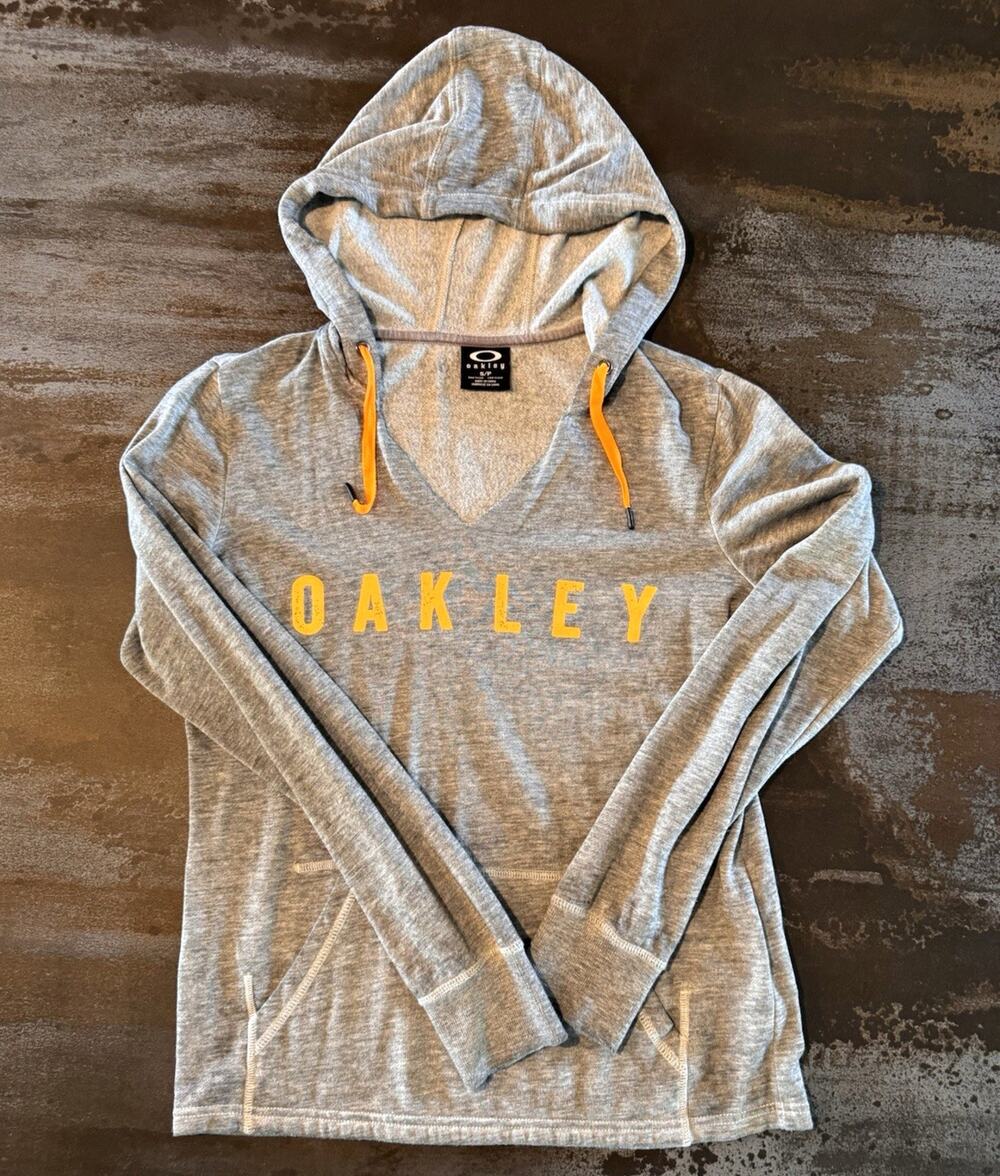 Oakley Gray Solid Fleece Pullover Hoodie Sz S Regular Fit Yellow Logo Drawstring